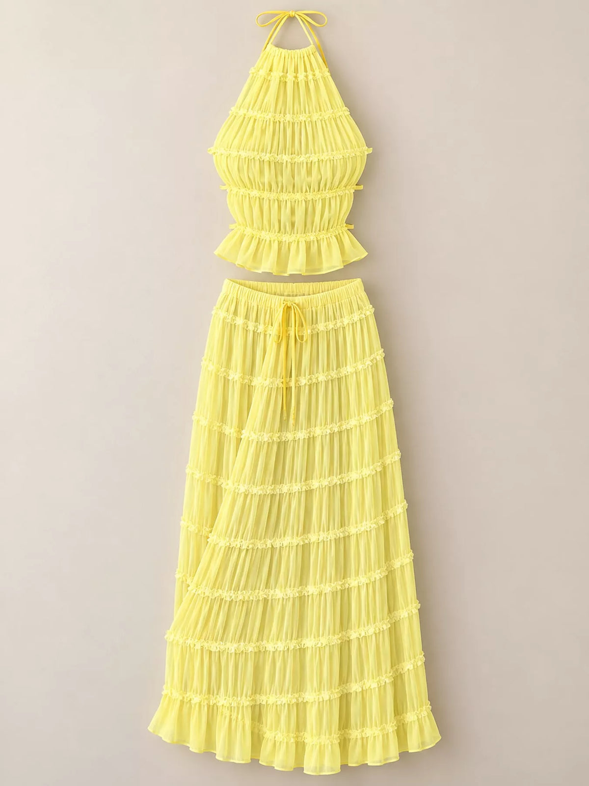 Boho Chic Ruffled Halter Crop Top and Maxi Skirt Set