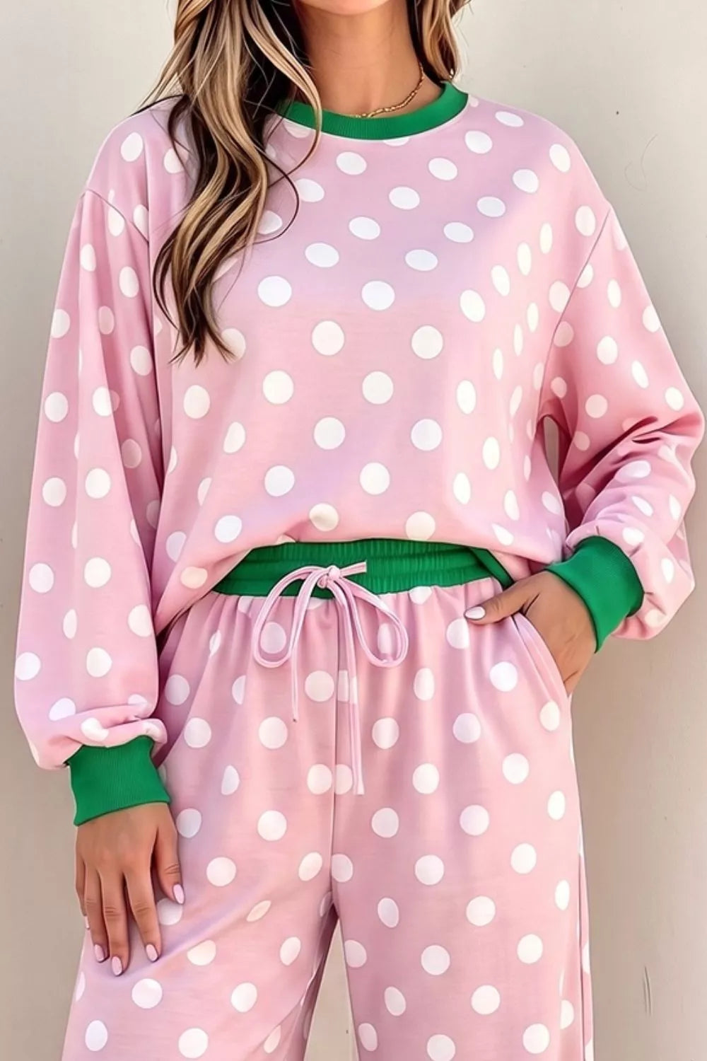 Polka Dot Long Sleeve Top and Wide Leg Pants Set