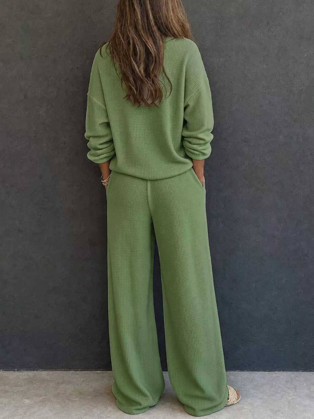 Waffle Knit Button Detail Top and Pants Set