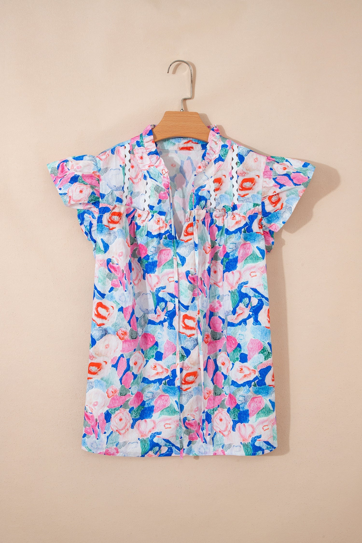 Pink Floral Print Tie V Neck Contrast Detail Ruffle Short Sleeve Blouse