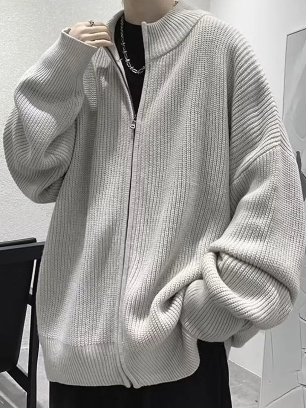 Men's Oversized Ribbed Zip-Up Sweater Cardigan