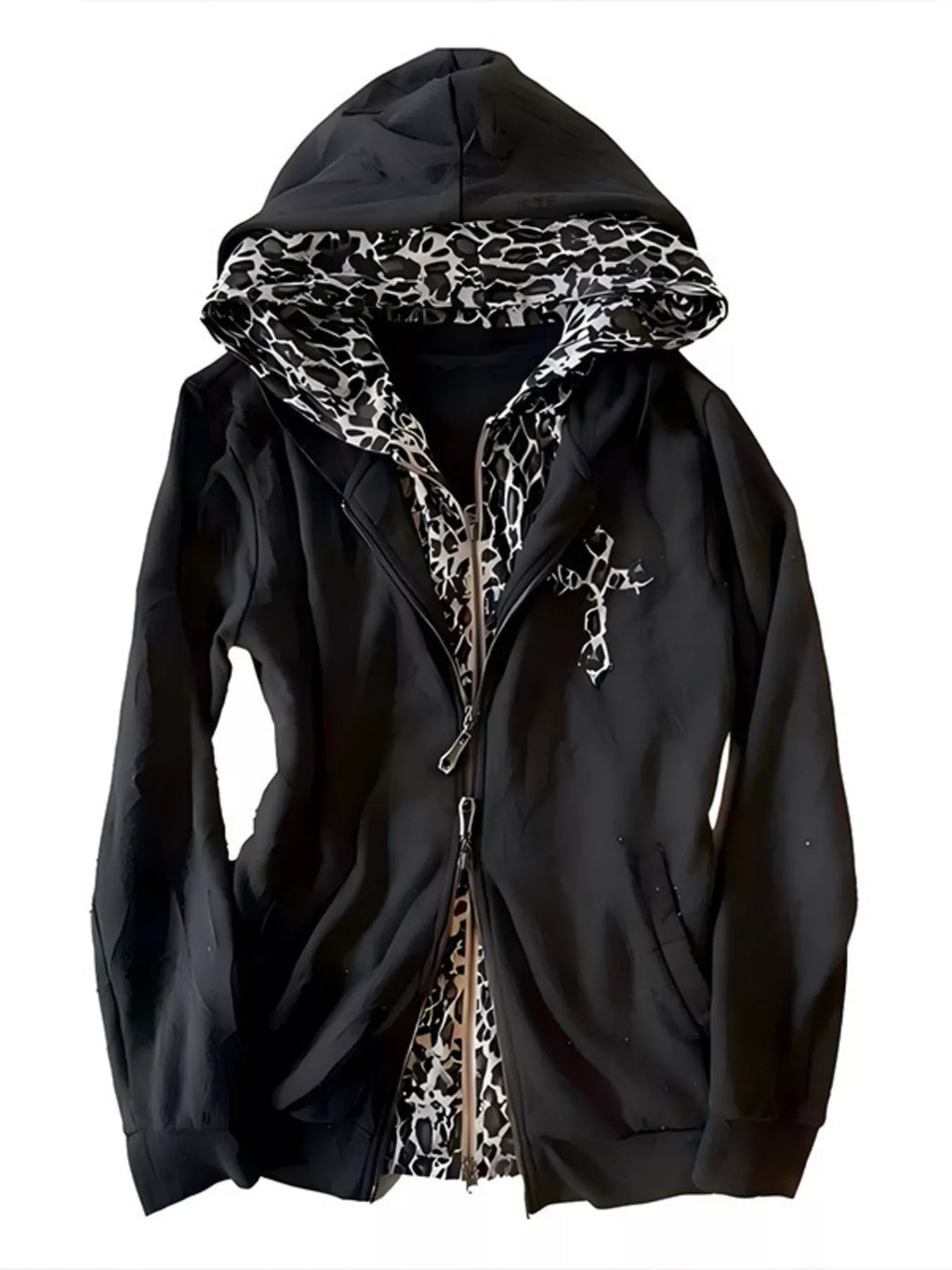 Gothic Cross Leopard Lined Zip-Up Hoodie