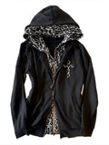 Gothic Cross Leopard Lined Zip-Up Hoodie