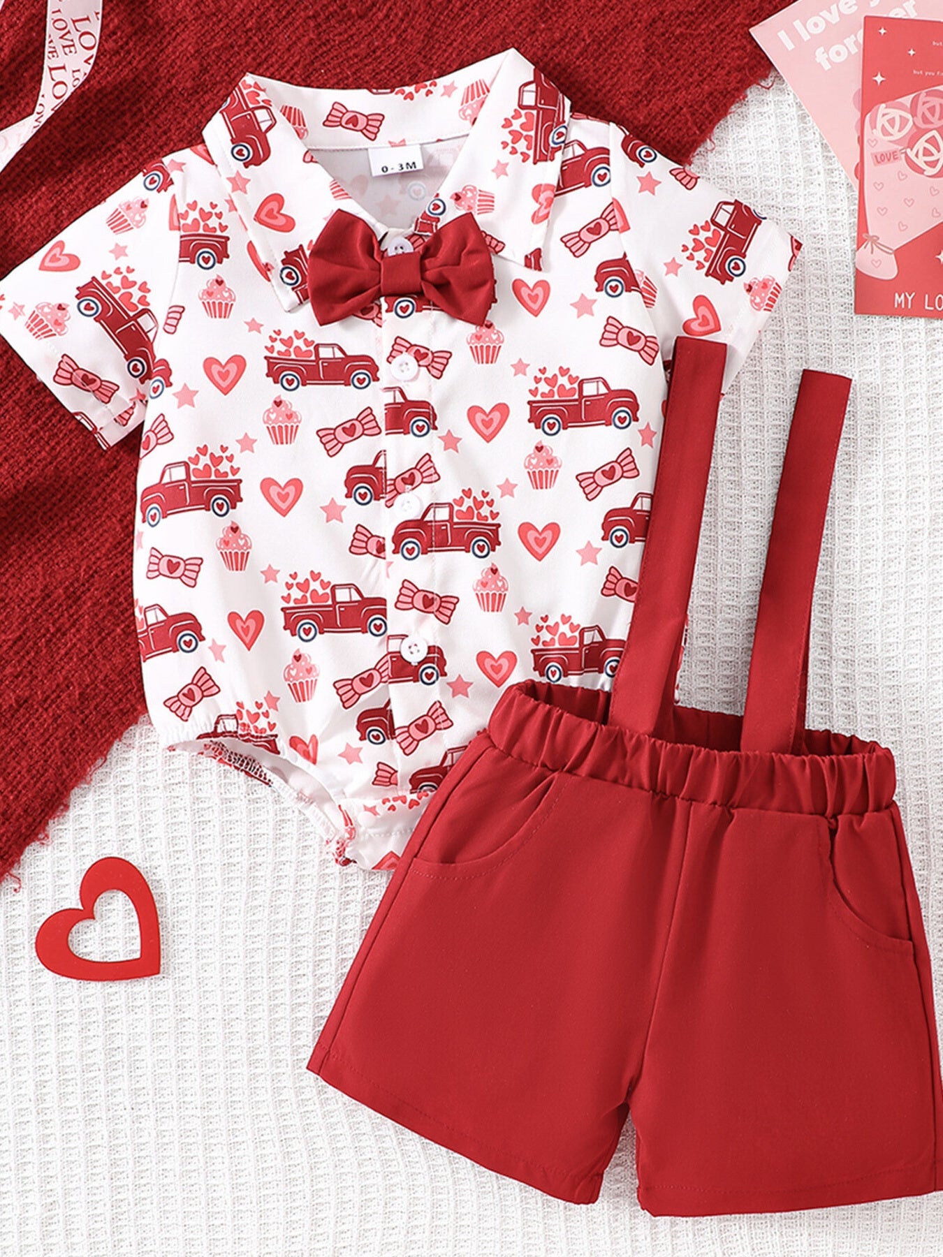 Children's Bowknot Decor Bodysuit and  Suspender Shorts Set