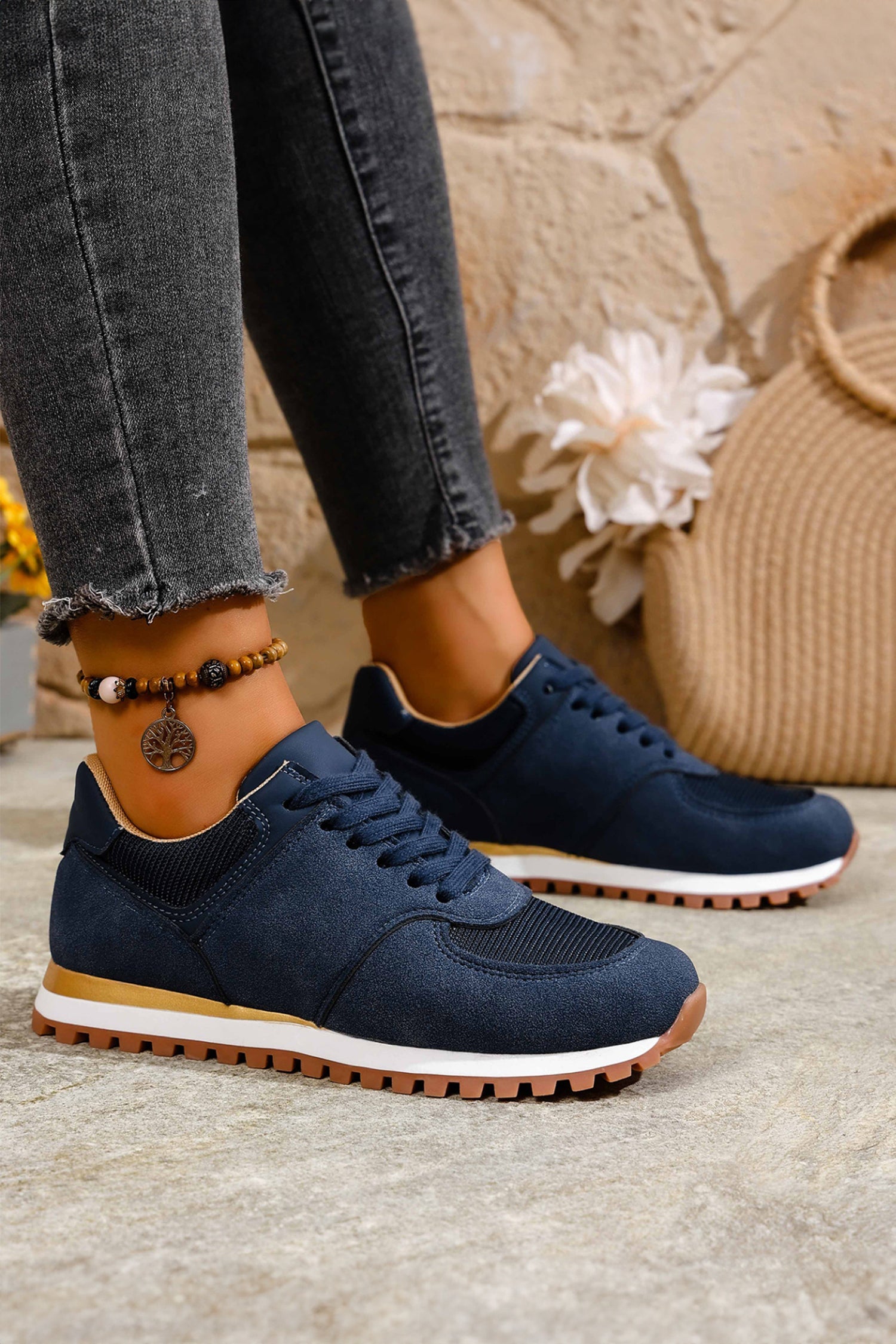 Navy Blue Faux Suede Mixed Patchwork Retro Jogger Sneakers