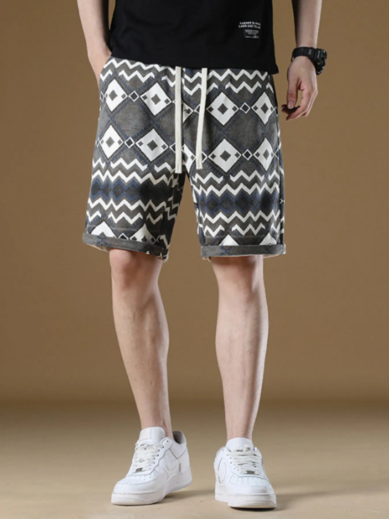 Men's Plus Size Geometric Pattern Drawstring Casual Shorts
