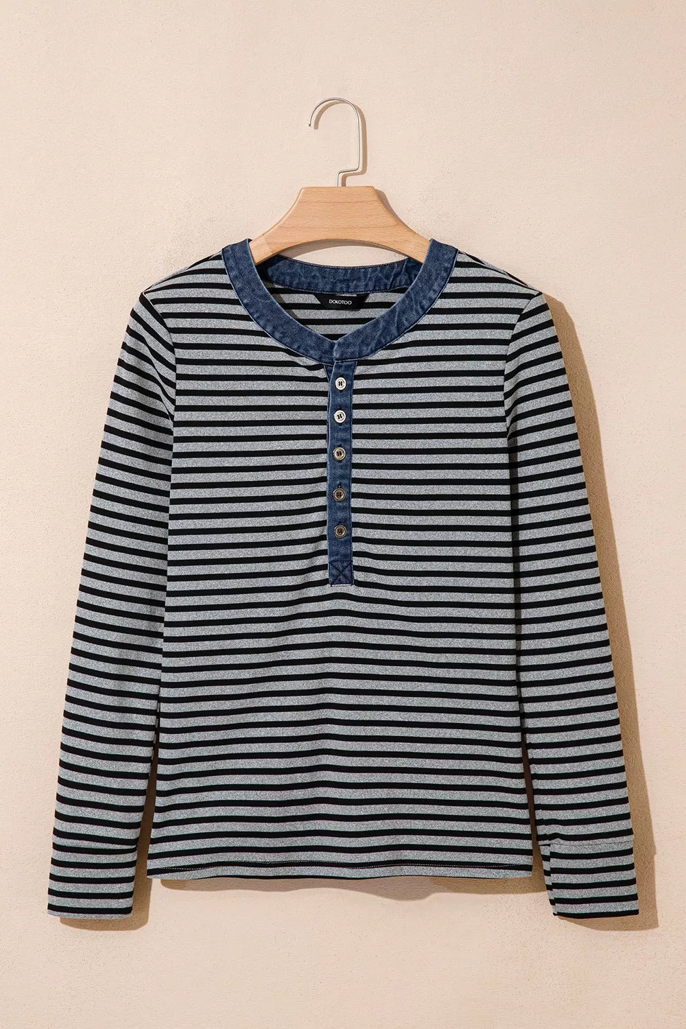 Stripe Denim Contrast Collar Half Button Long Sleeve Top