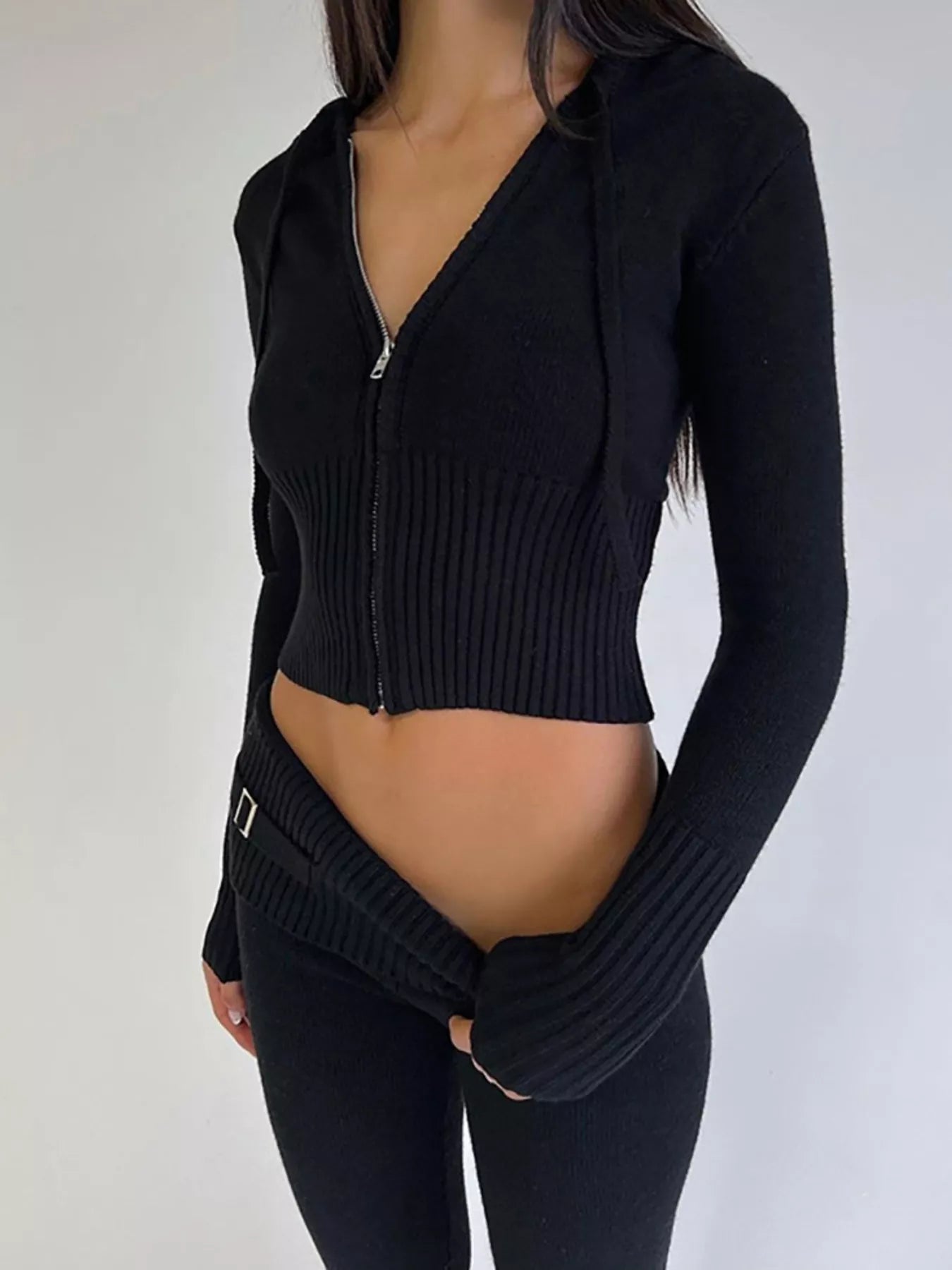 Zip Up Hooded Cardigan and Pants Sweater Set
