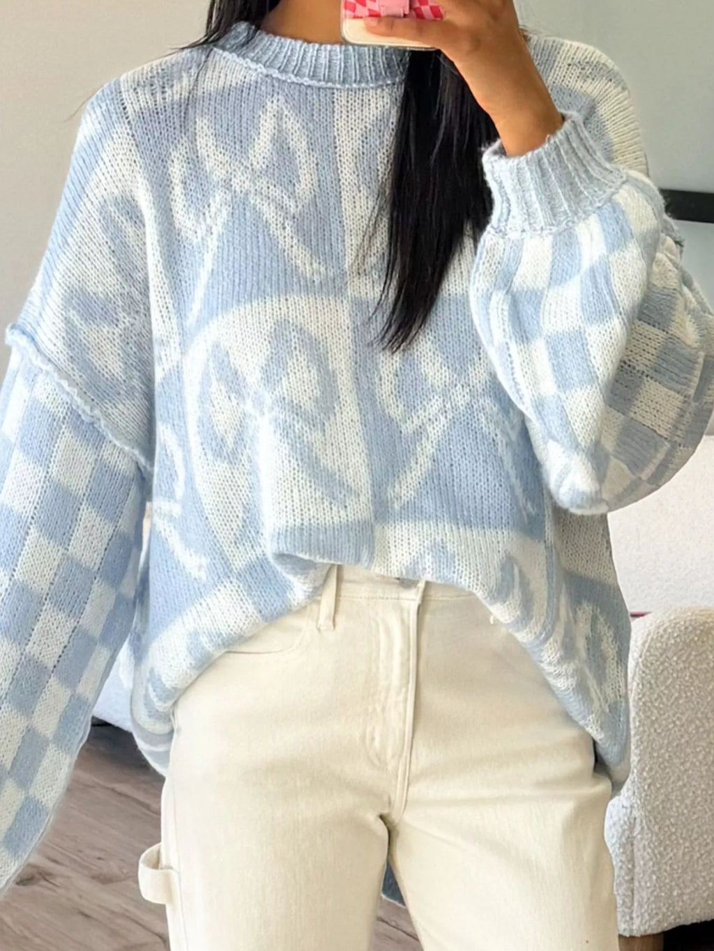 Checkerboard Bow Pattern Dropped Shoulder Sweater