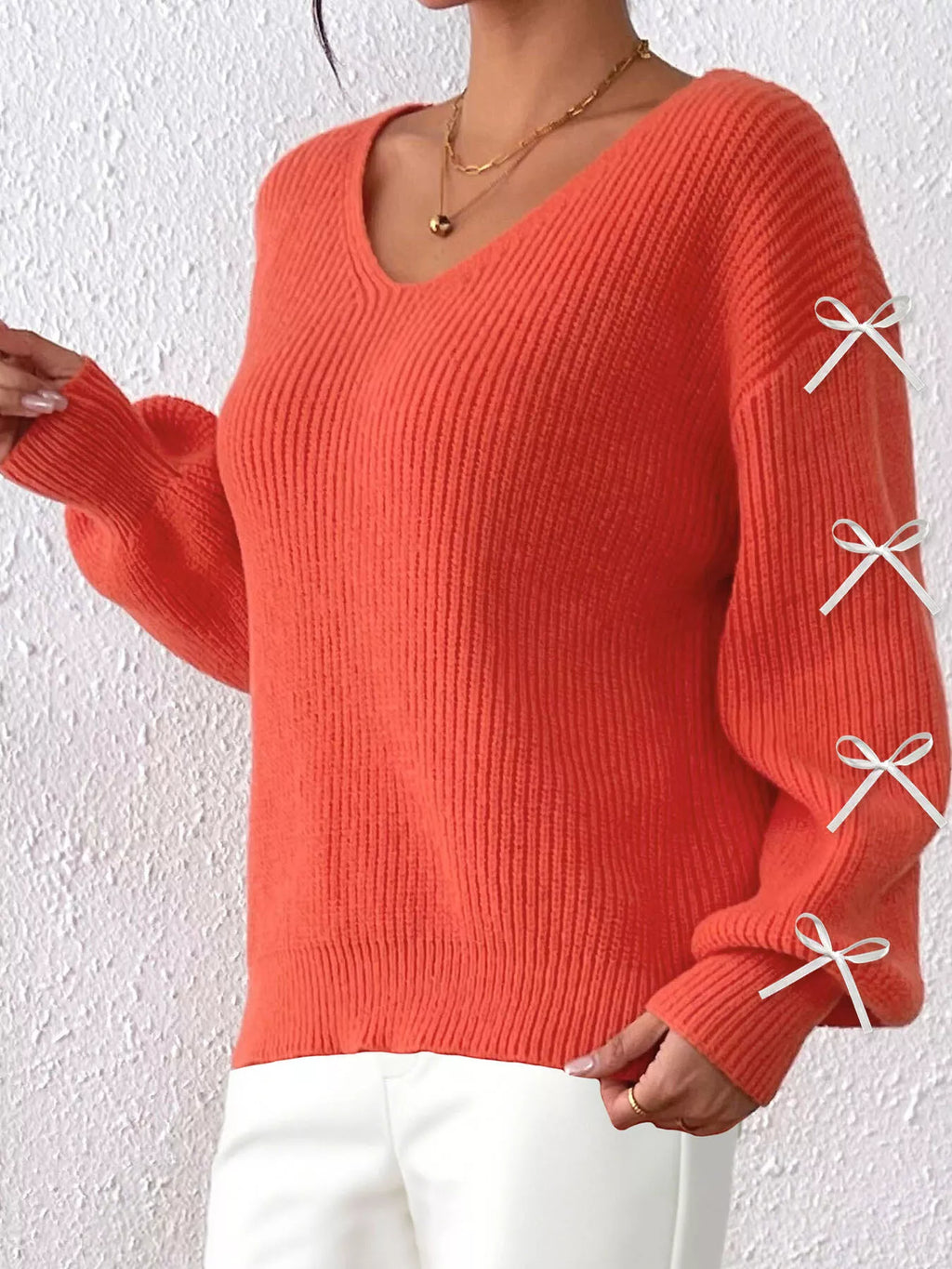Bow-Tie Sleeve V-Neck Sweater