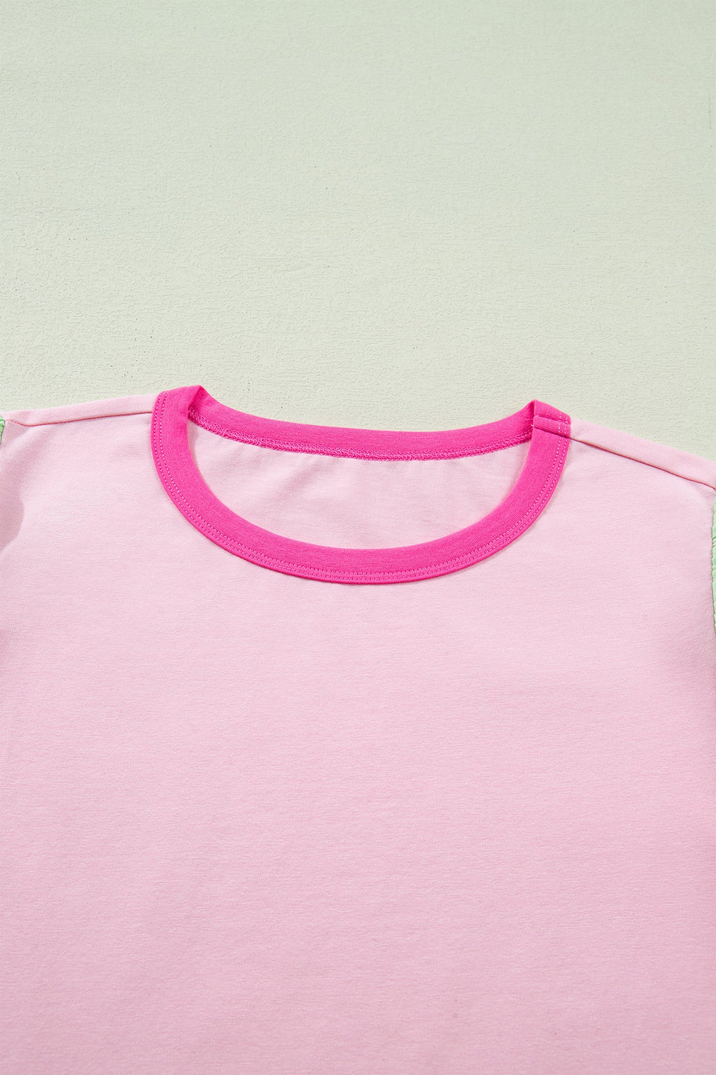 Pink Colorblock Flutter Sleeve Round Neck T Shirt