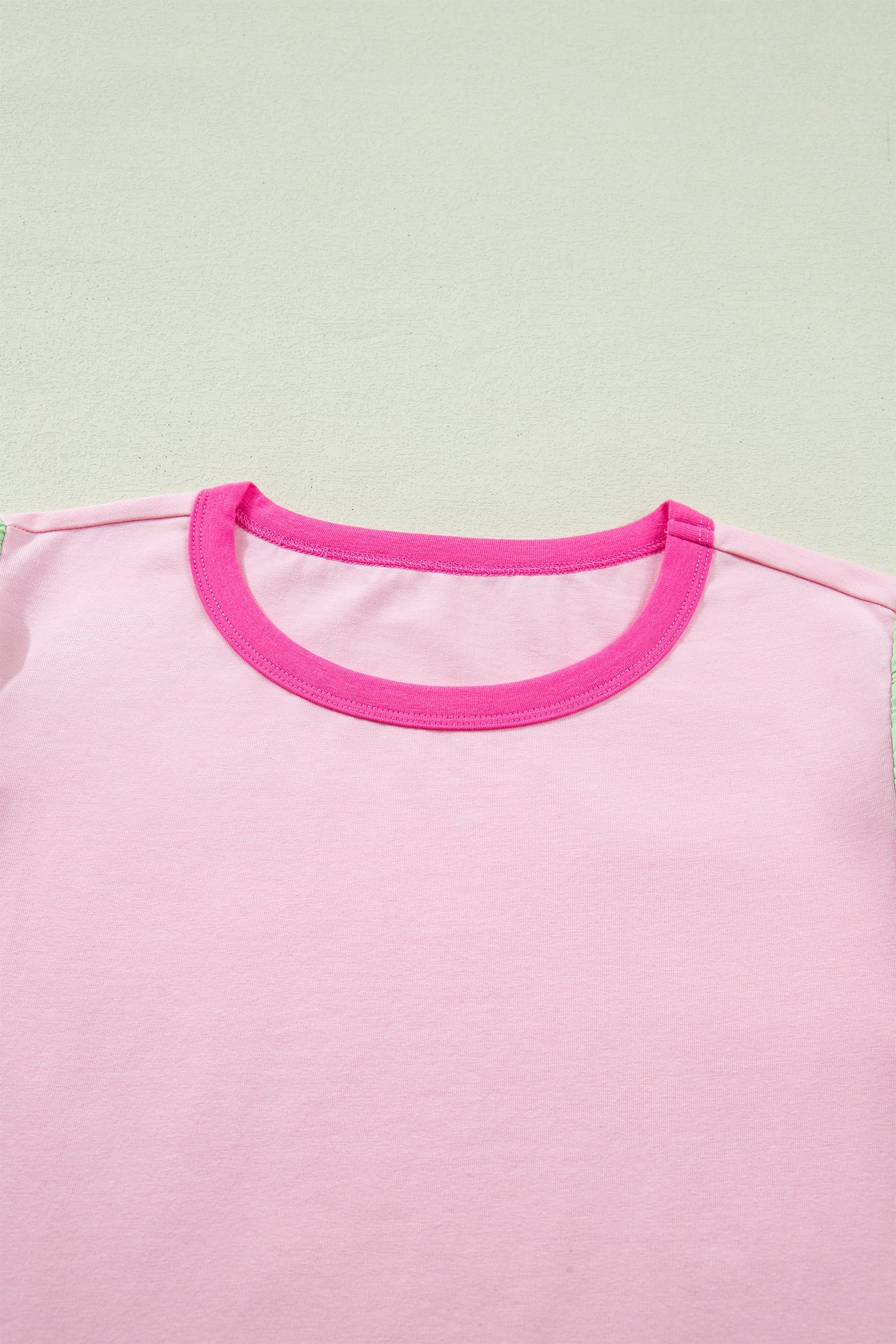 Pink Colorblock Flutter Sleeve Round Neck T Shirt