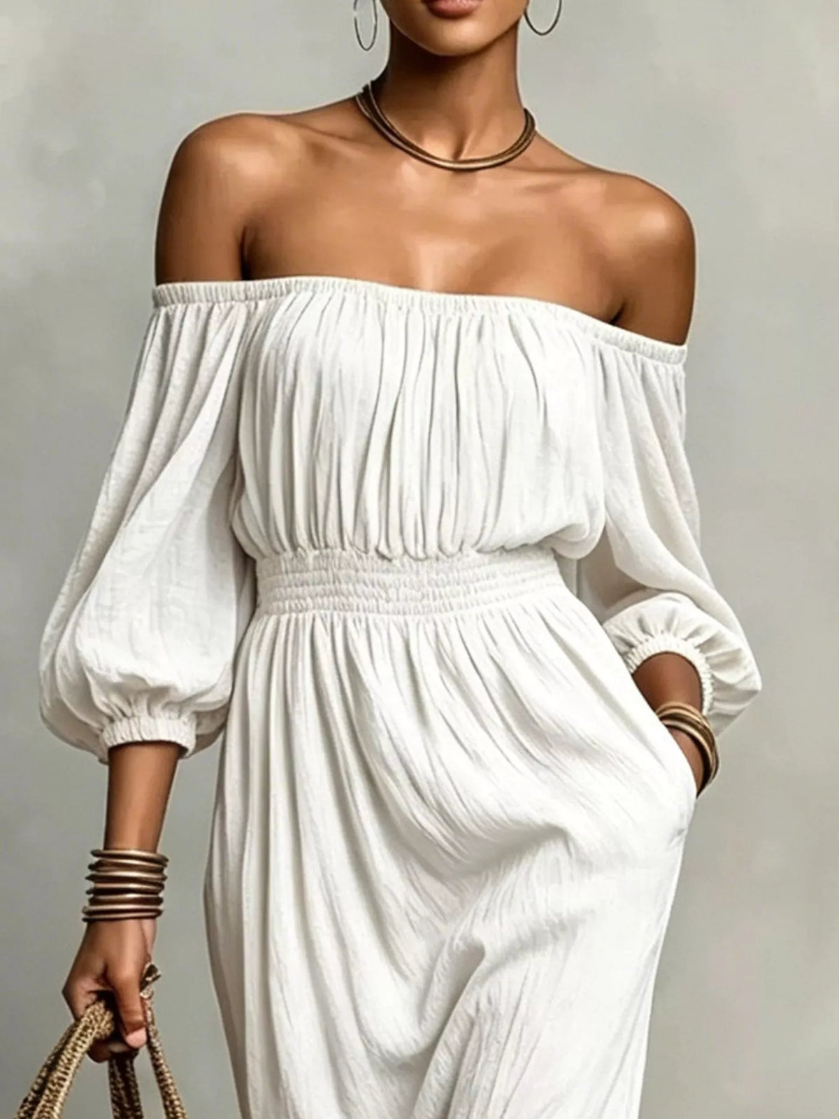 t Off-Shoulder Smocked Waist Maxi Dress