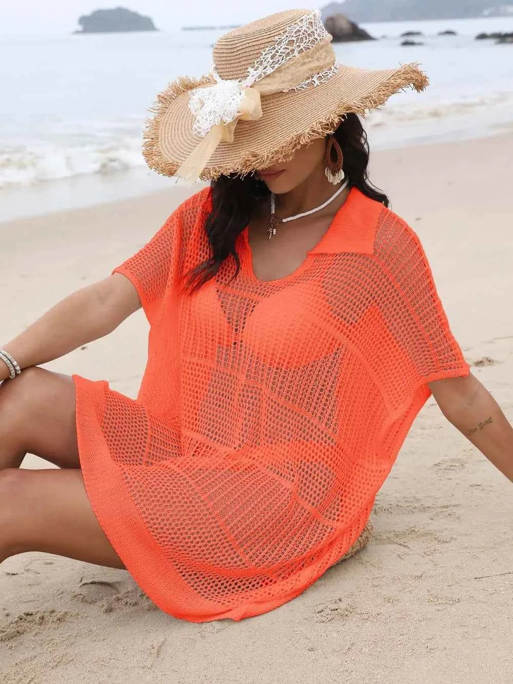Hollow Out Collared Neck Openwork Sheer Cover-Up