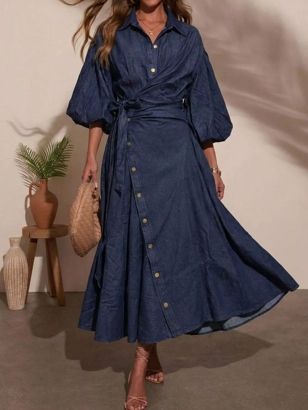 Long Sleeve Wrap-Front Denim Dress