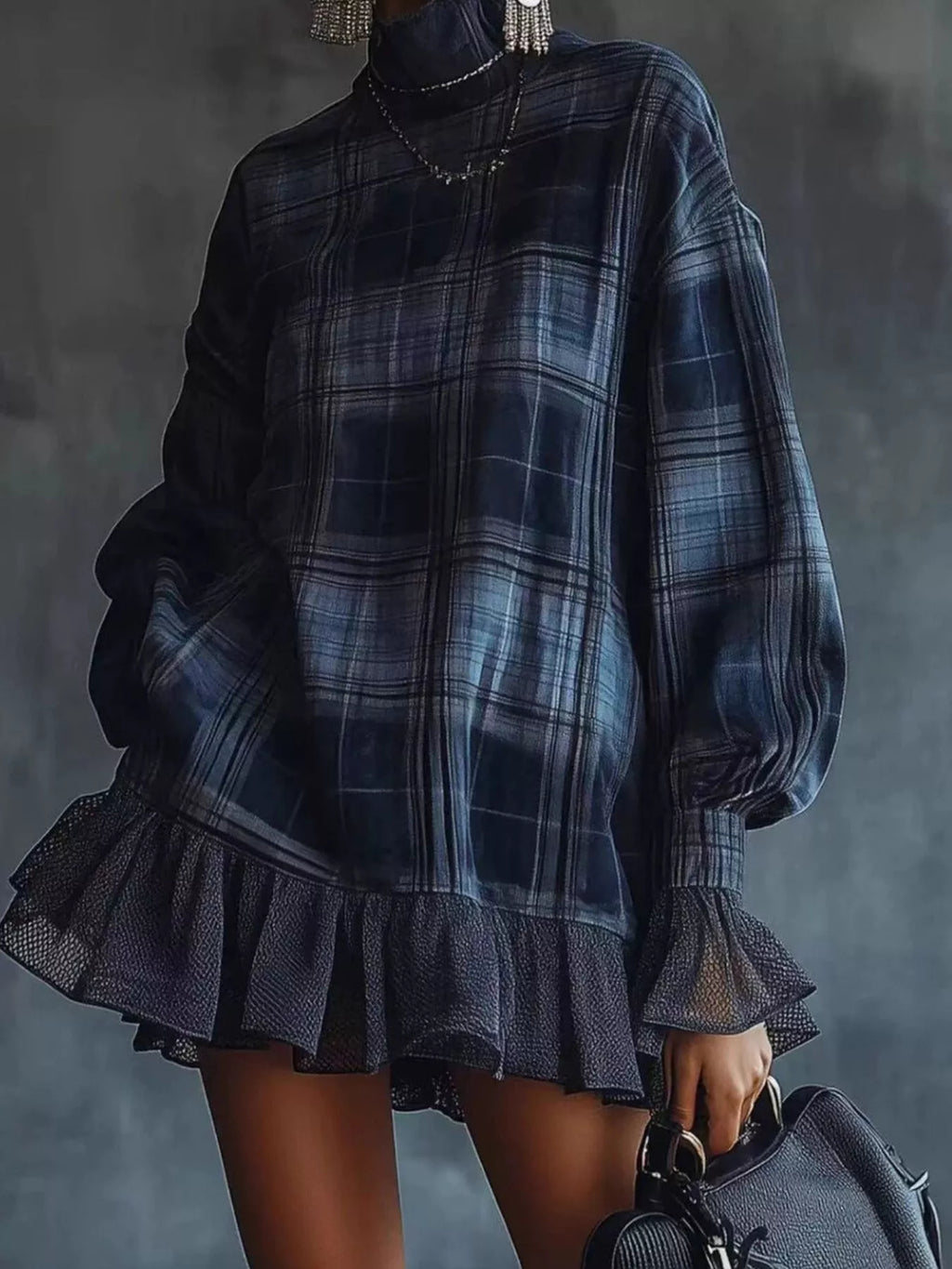 Full Size Plaid High-Neck Ruffled Hem Mini Dress Plus Size