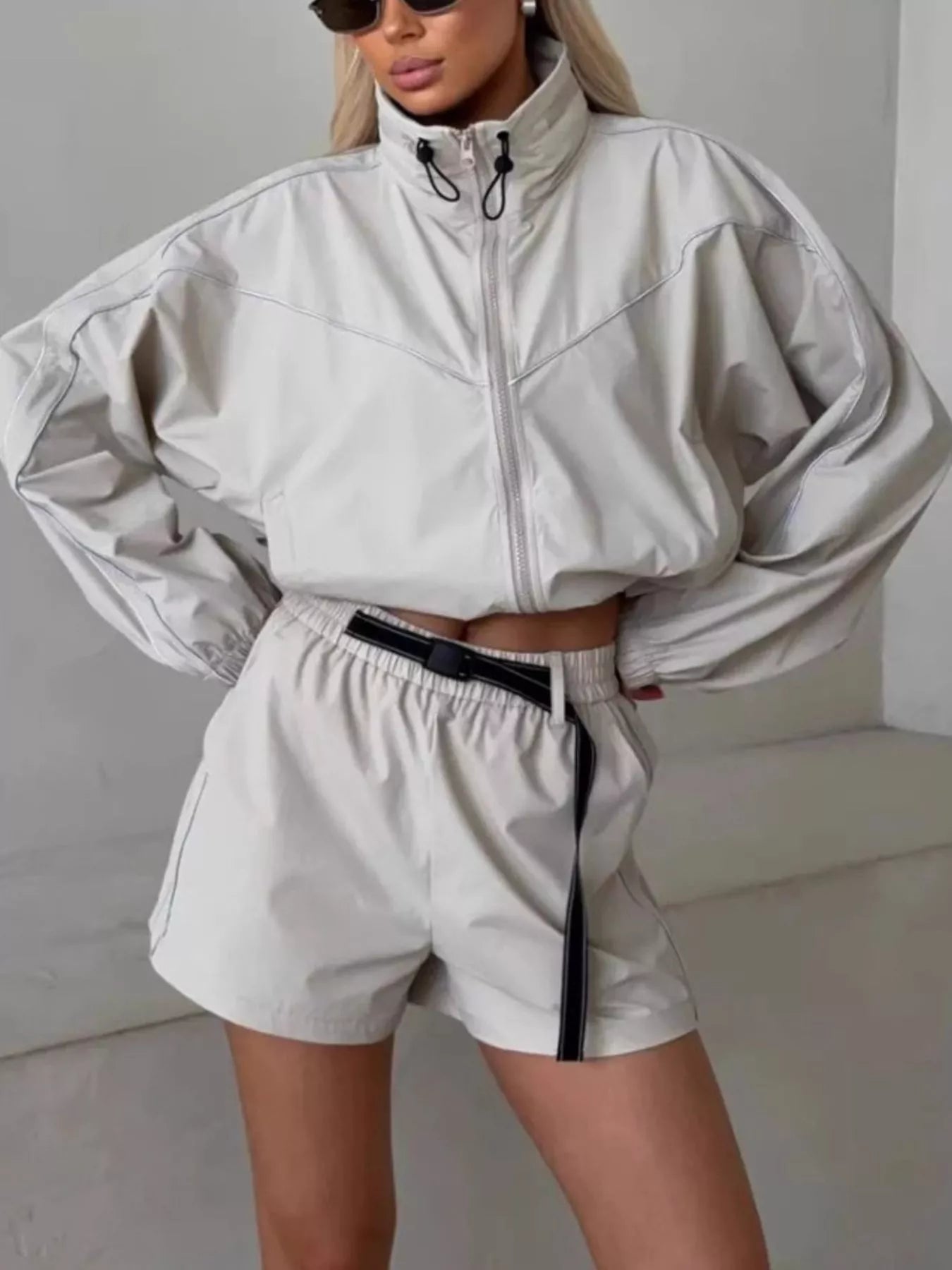Drawstring Zip-Up Jacket and Shorts Set
