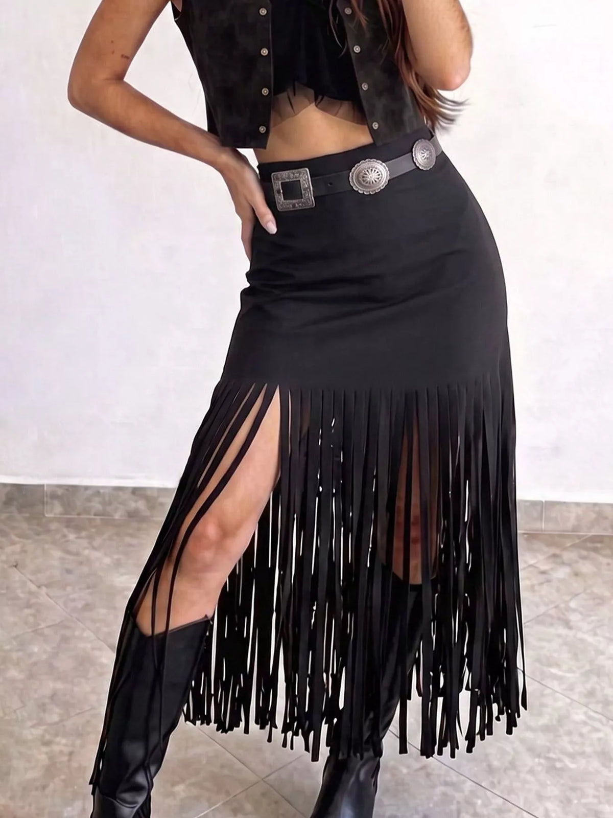 High-Waisted Fringe Midi Skirt