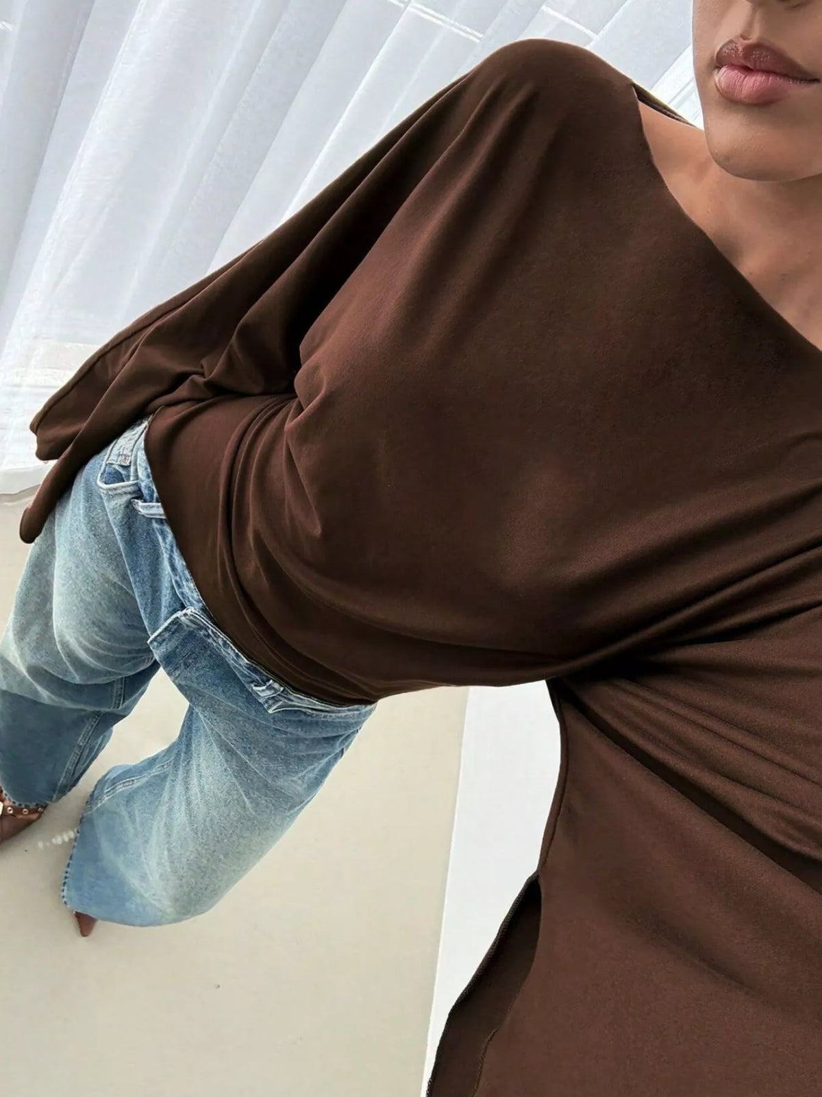 Boat Neck Slit Batwing Sleeve Top