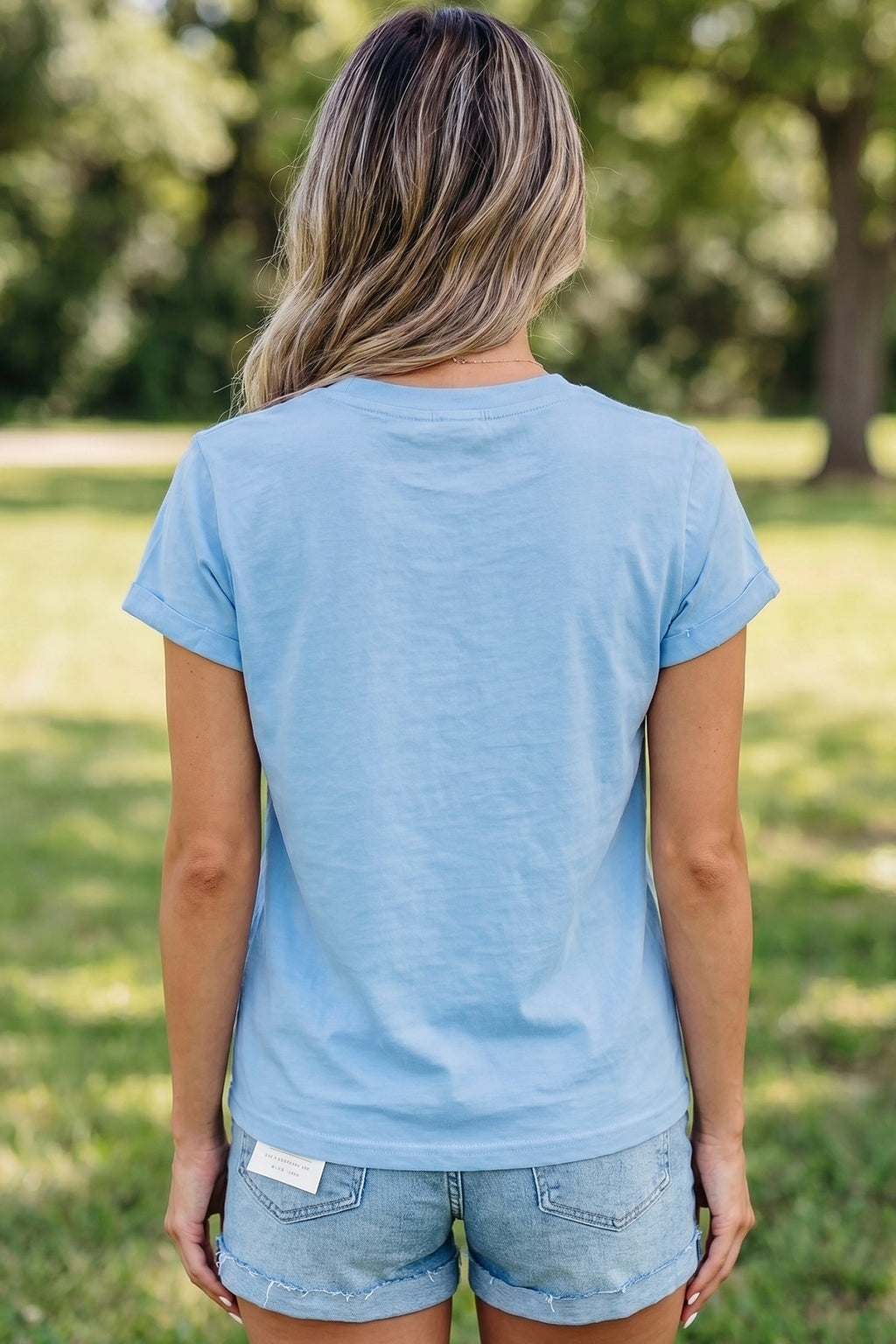 Mist Blue USA Flag Textured Patchwork Cap Sleeve Tee