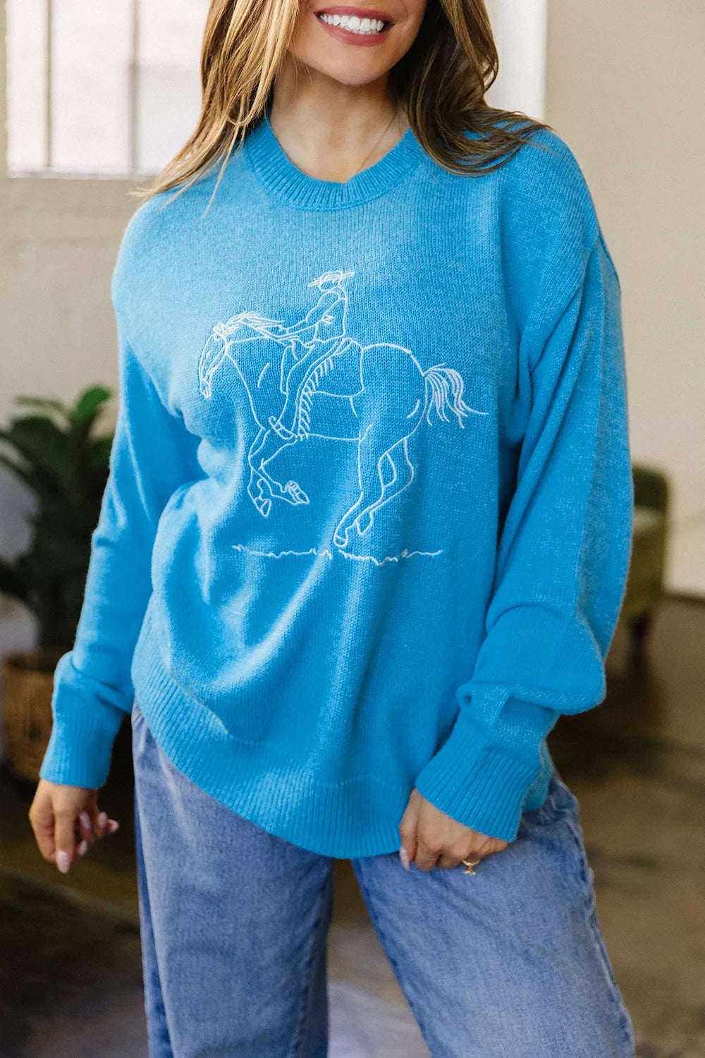 Western Embroidery Drop Shoulder Sweater