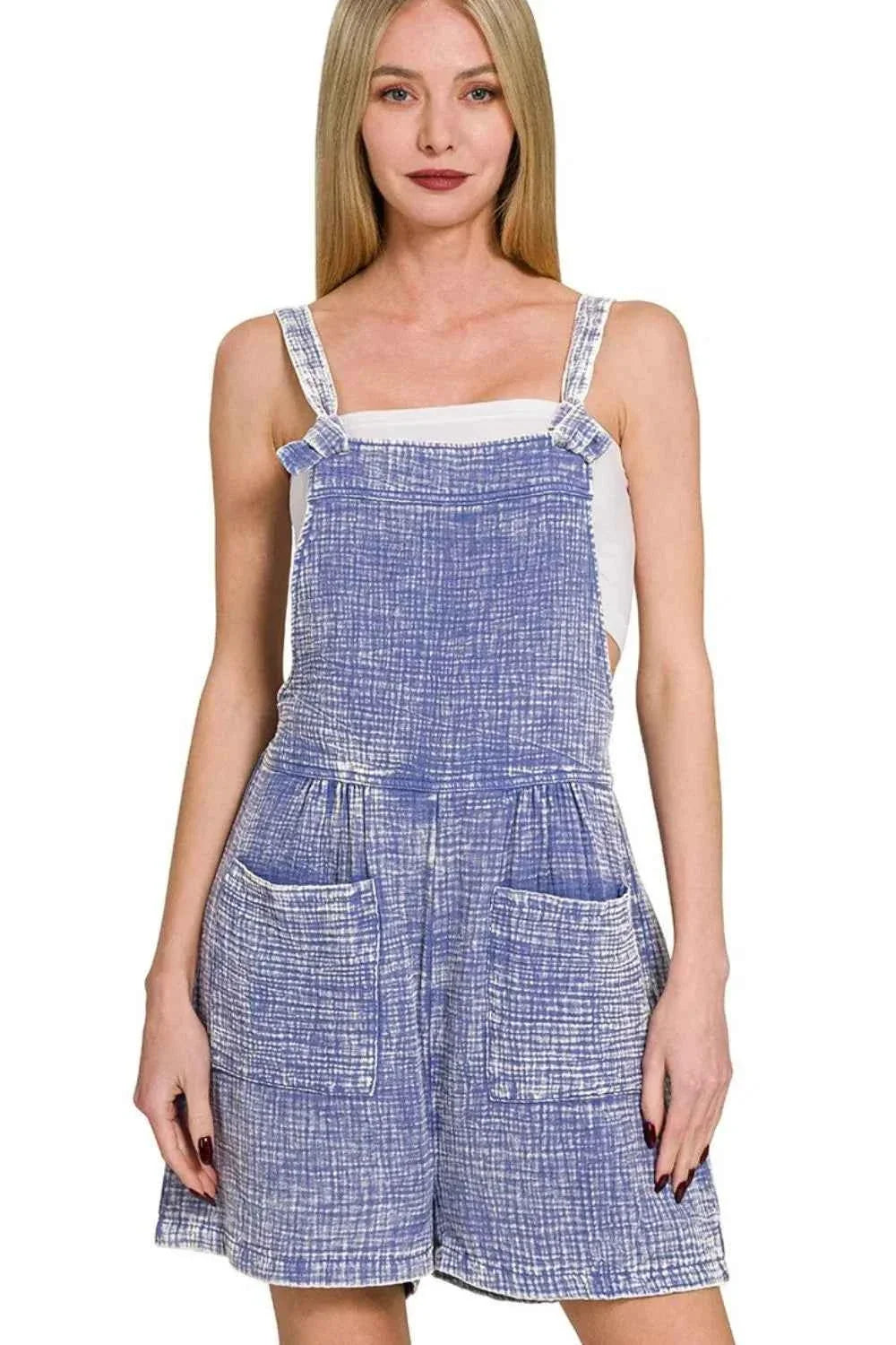 Woven Double Gauze Acid Wash Romper with Front Pockets
