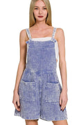 Woven Double Gauze Acid Wash Romper with Front Pockets