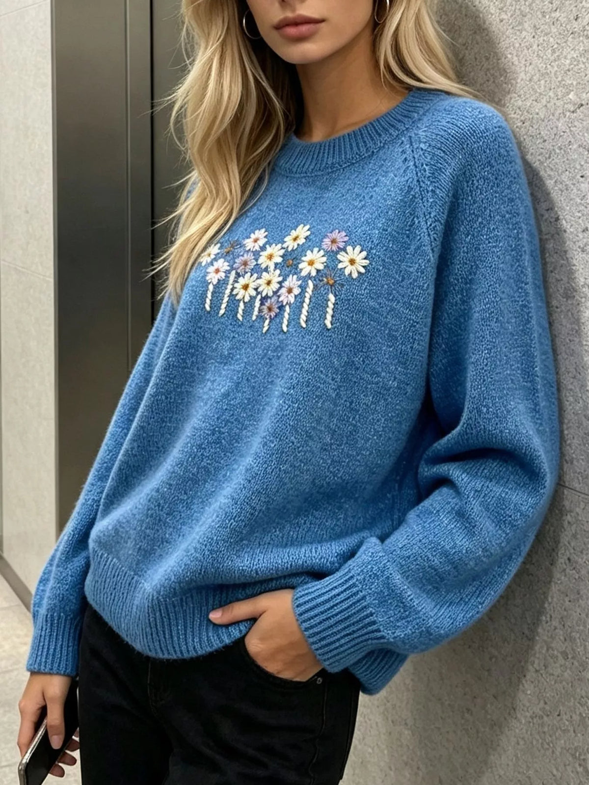 Floral Embroidered Round Neck Sweater