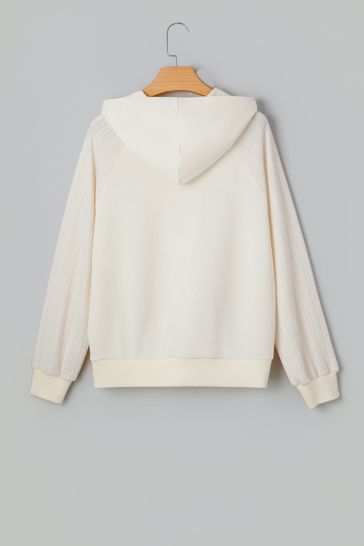 Beige Solid Color Textured Sleeve Patchwork Half Zip Hoodie