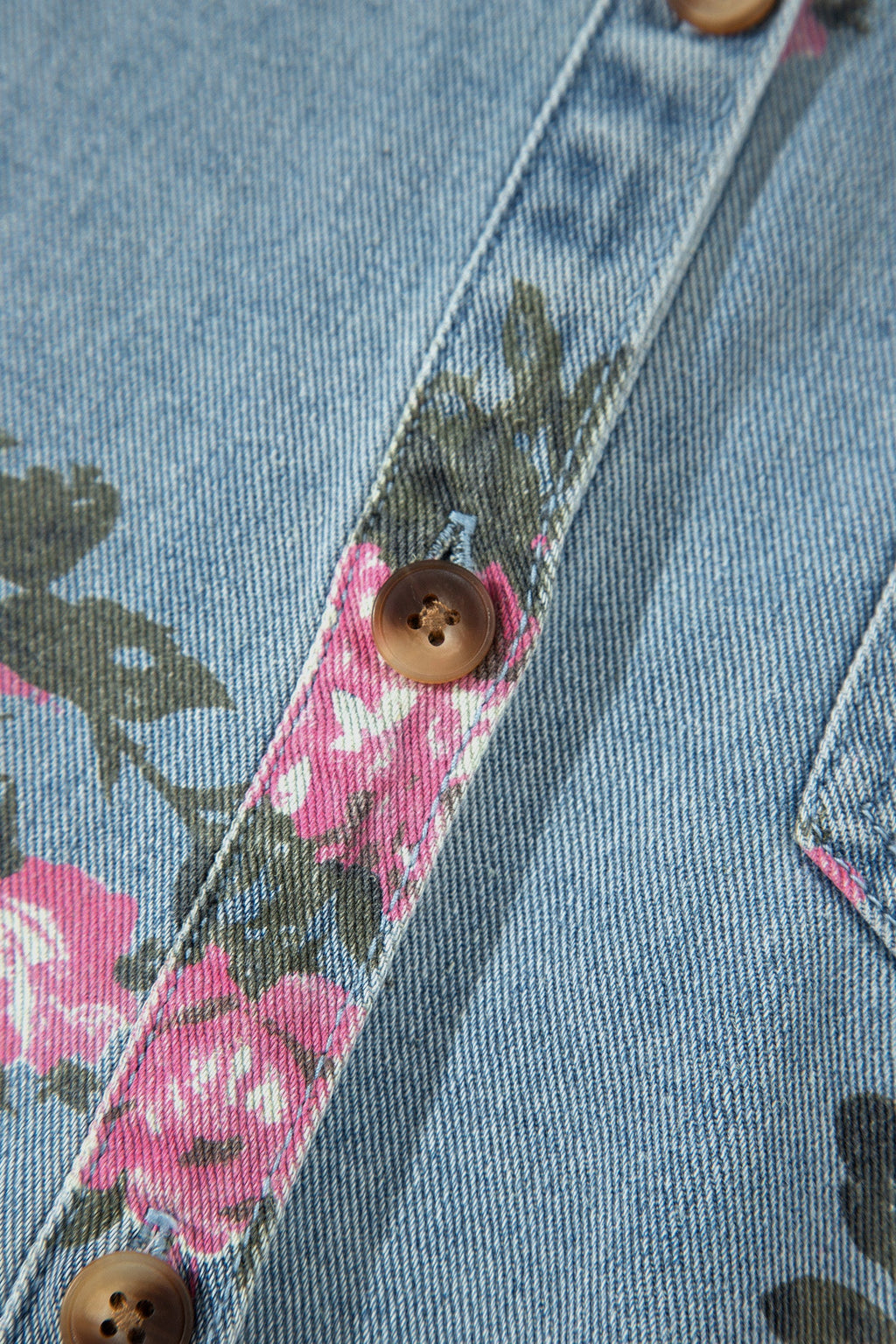 Sky Blue Floral Print Raw Seam Ruffle Hem Denim Jacket