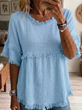 Full Size Frayed Edge Textured Blouse Plus Size