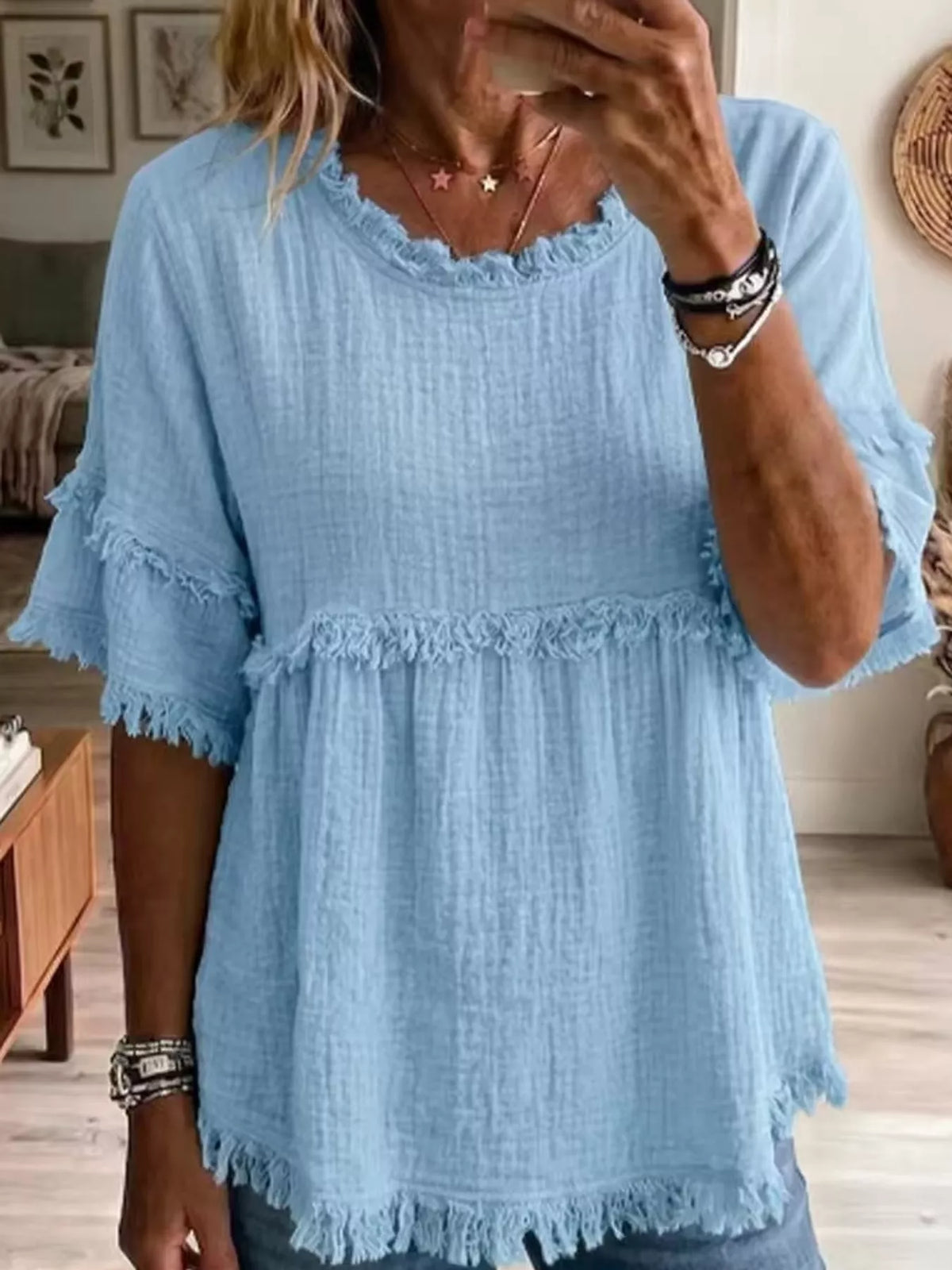 Full Size Frayed Edge Textured Blouse Plus Size