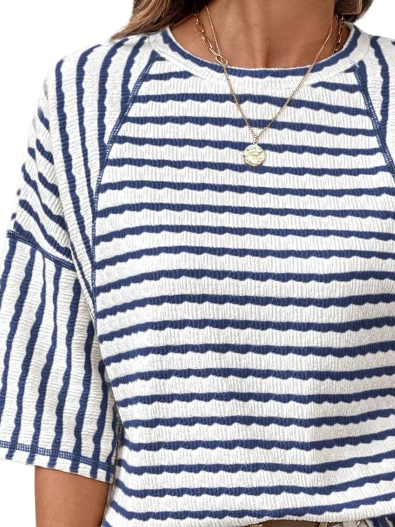 Casual Striped Raglan Sleeve Textured T-Shirt
