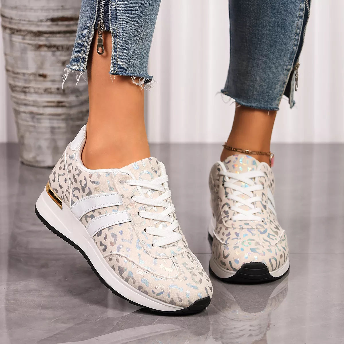 Leopard Print Lace-Up Sneakers
