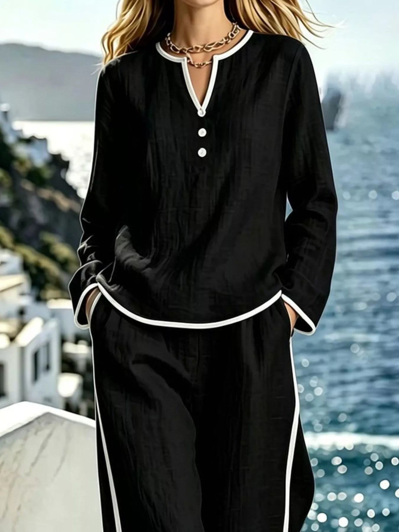 Contrast Trim Long Sleeve Top and Pants Set