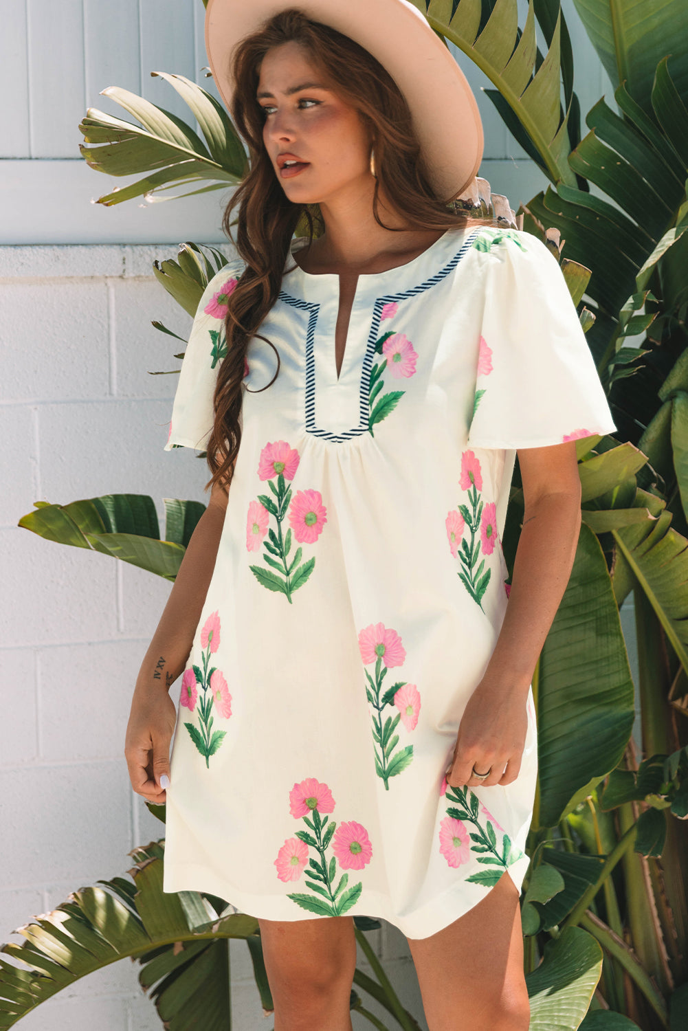 Floral Short Sleeve Split Neck Mini Dress