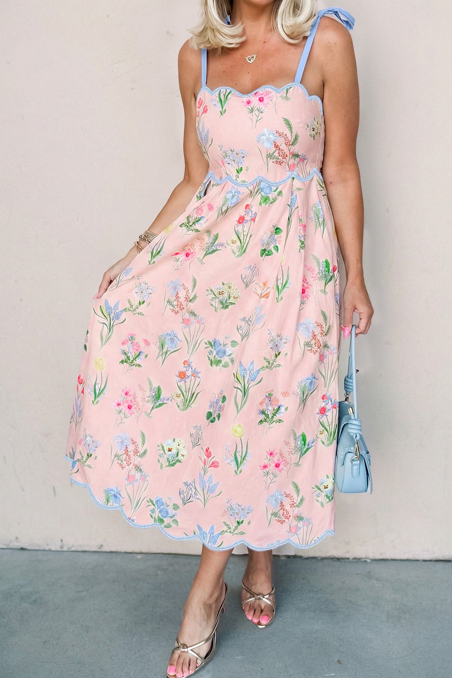Pink Floral Print Contrast Trim Self-tie Straps High Waist Midi Dress