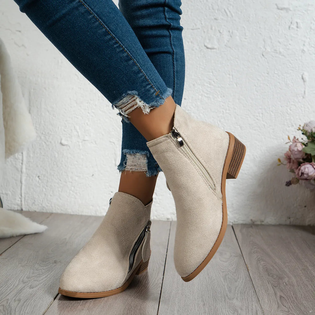 Side Zip Ankle Boots with Block Heel