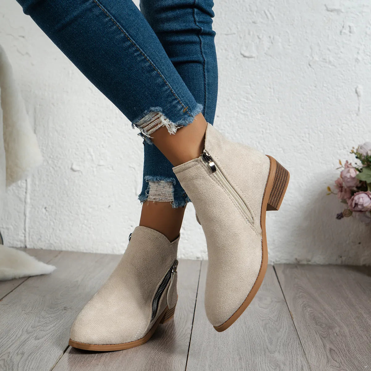 Side Zip Ankle Boots with Block Heel
