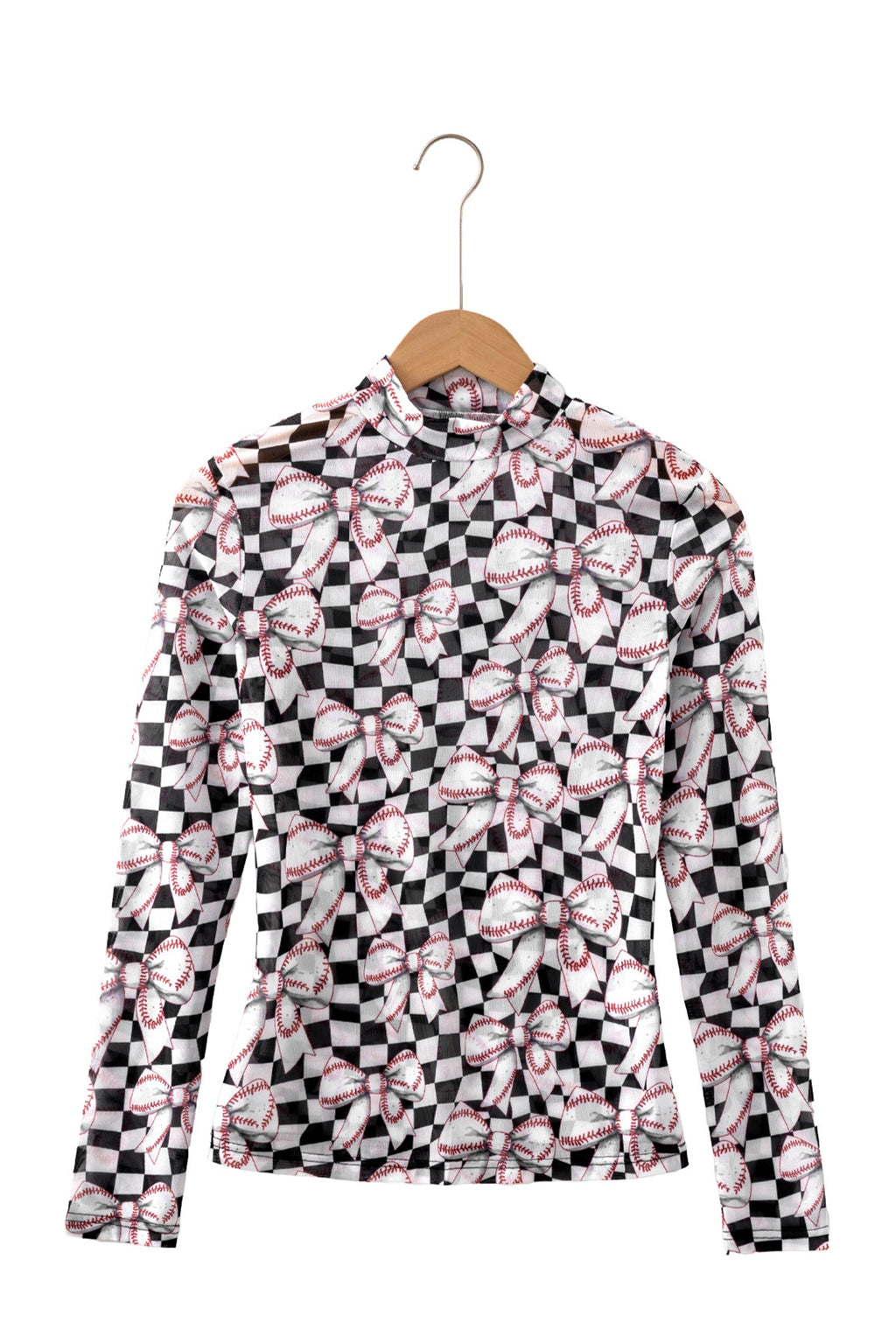 Black Checkered Baseball Bow Print High Neck Long Sleeve Mesh Top