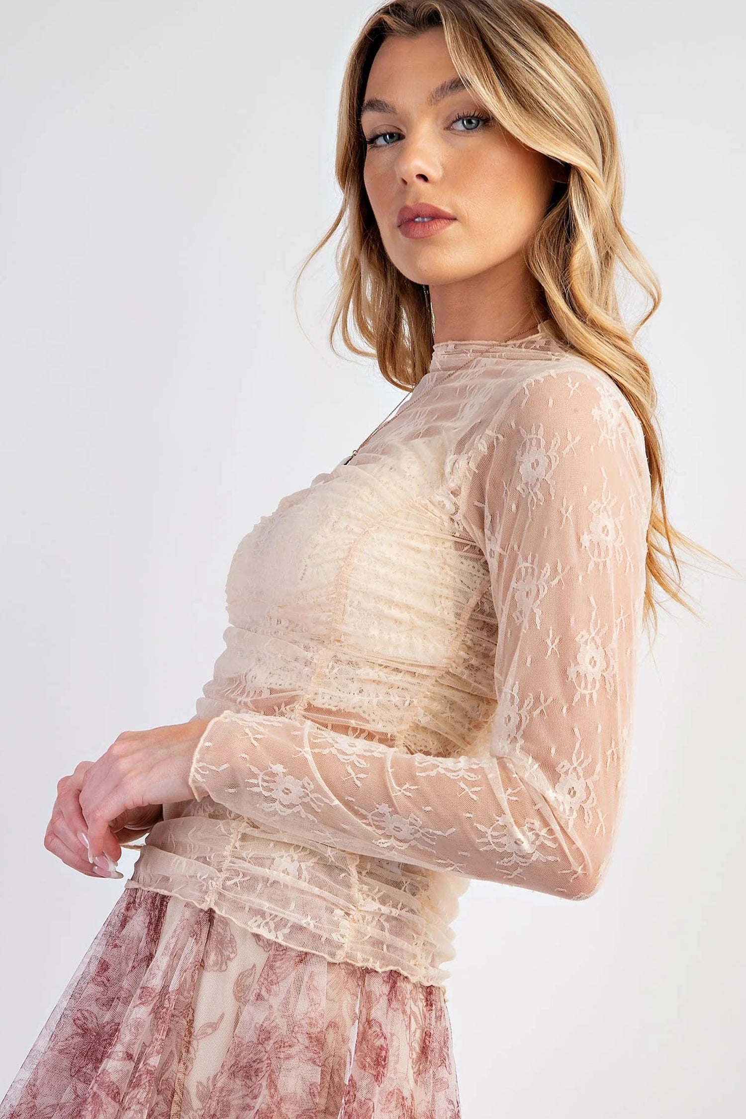 Jet Stream Sheer Floral Mesh Ruched Long Sleeve Top