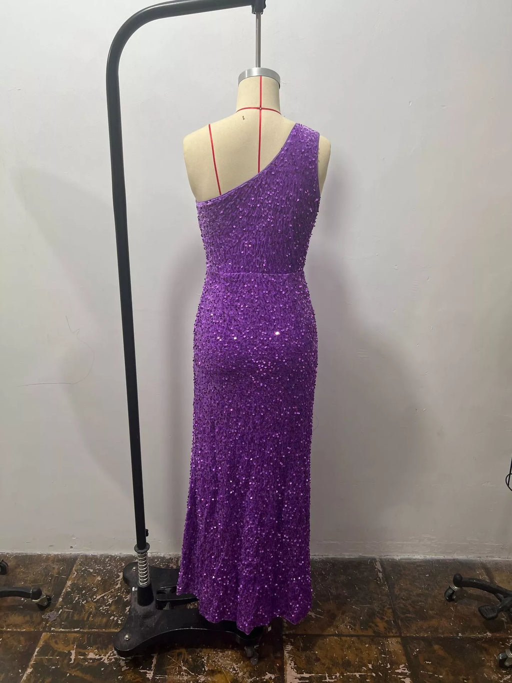 One-Shoulder Ruched Sequin High-Slit Evening Dress