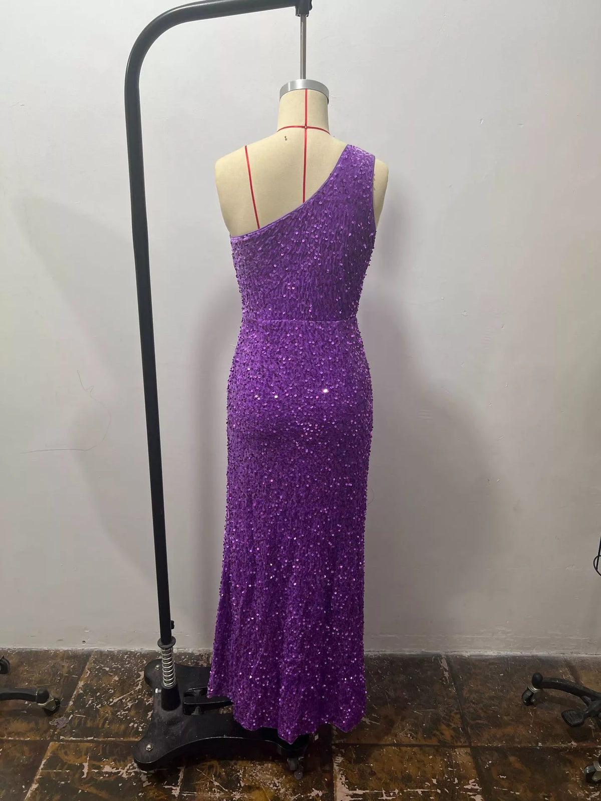One-Shoulder Ruched Sequin High-Slit Evening Dress