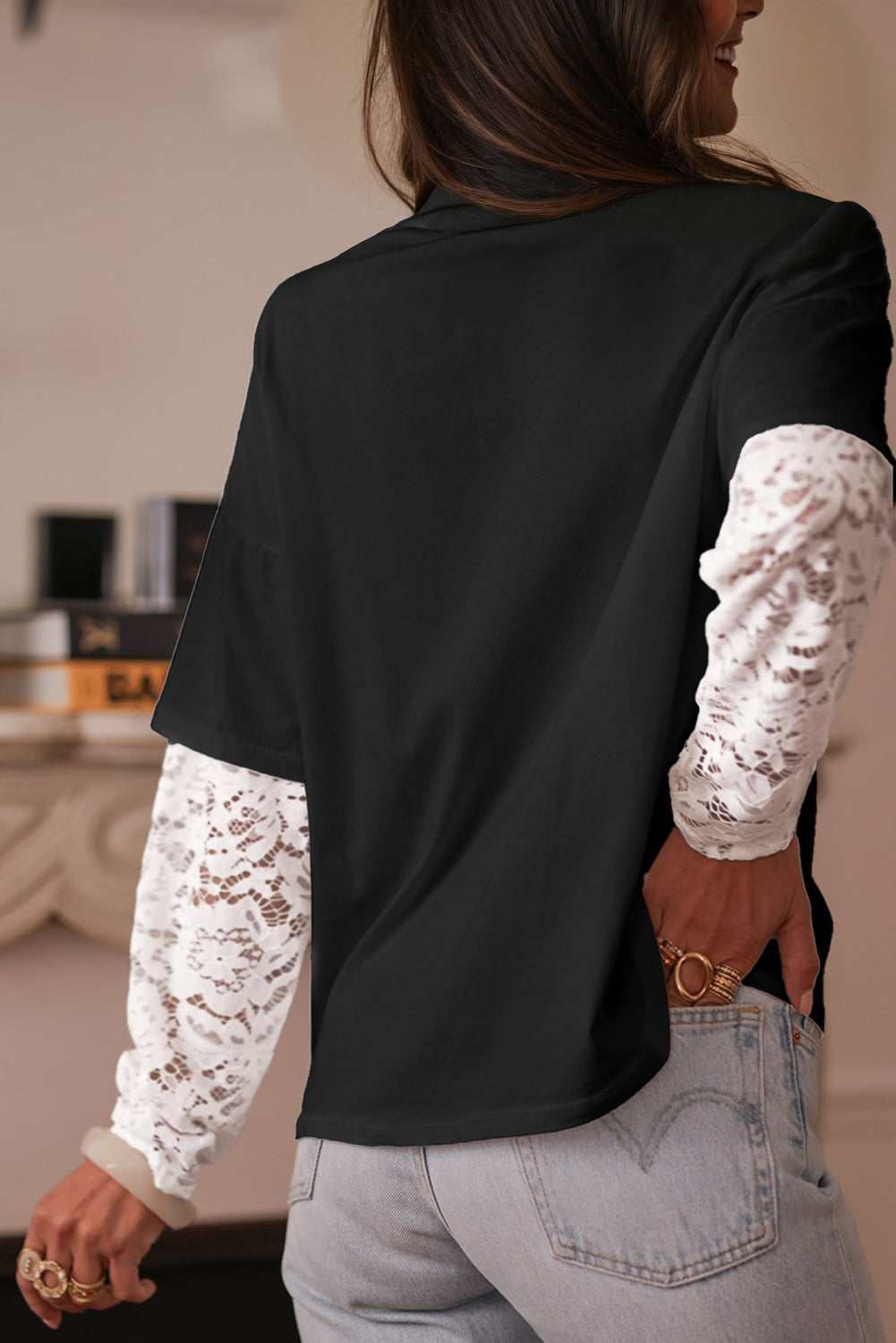 Lace Insert Long Sleeve Drop Shoulder Tee