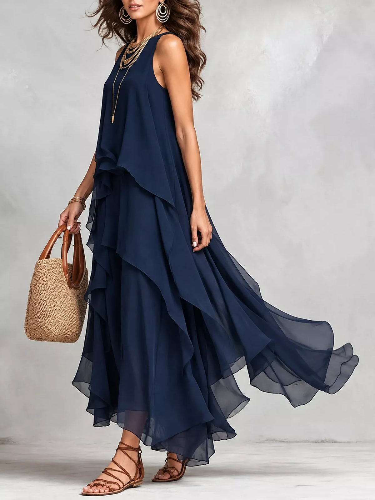 Ruffled Round Neck Sleeveless Maxi Dress