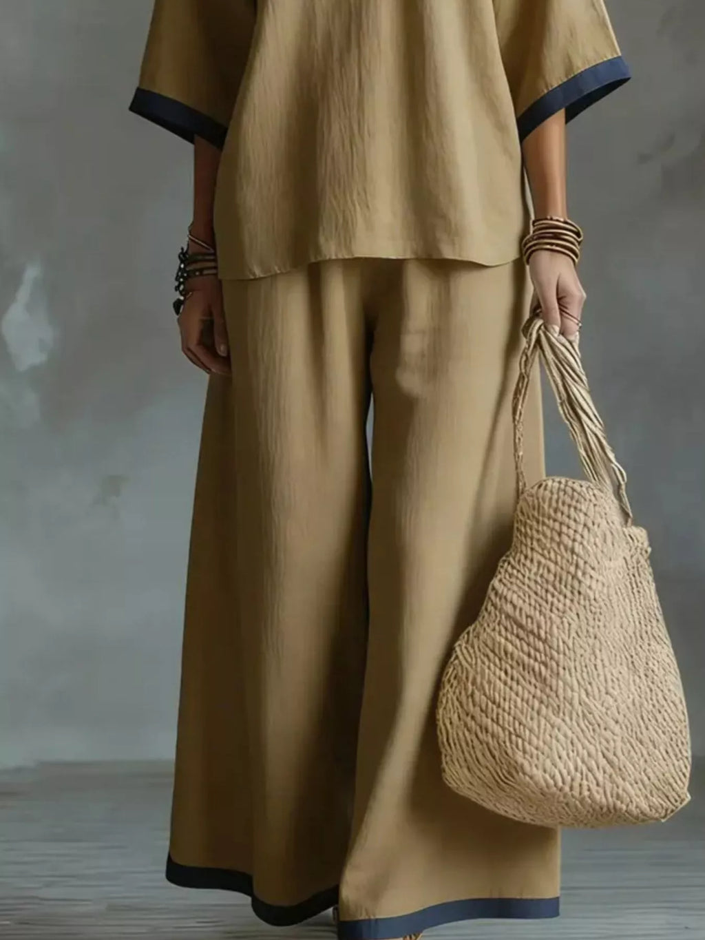 Full Size Contrast Trim V-Neck Top and Pants Set Plus Size