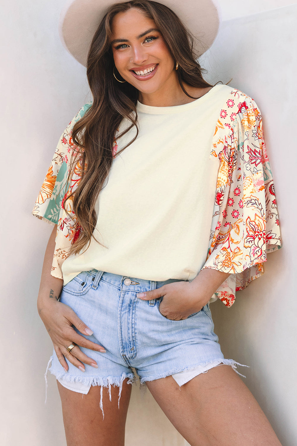 Boho Floral Patchwork Batwing Sleeve Blouse