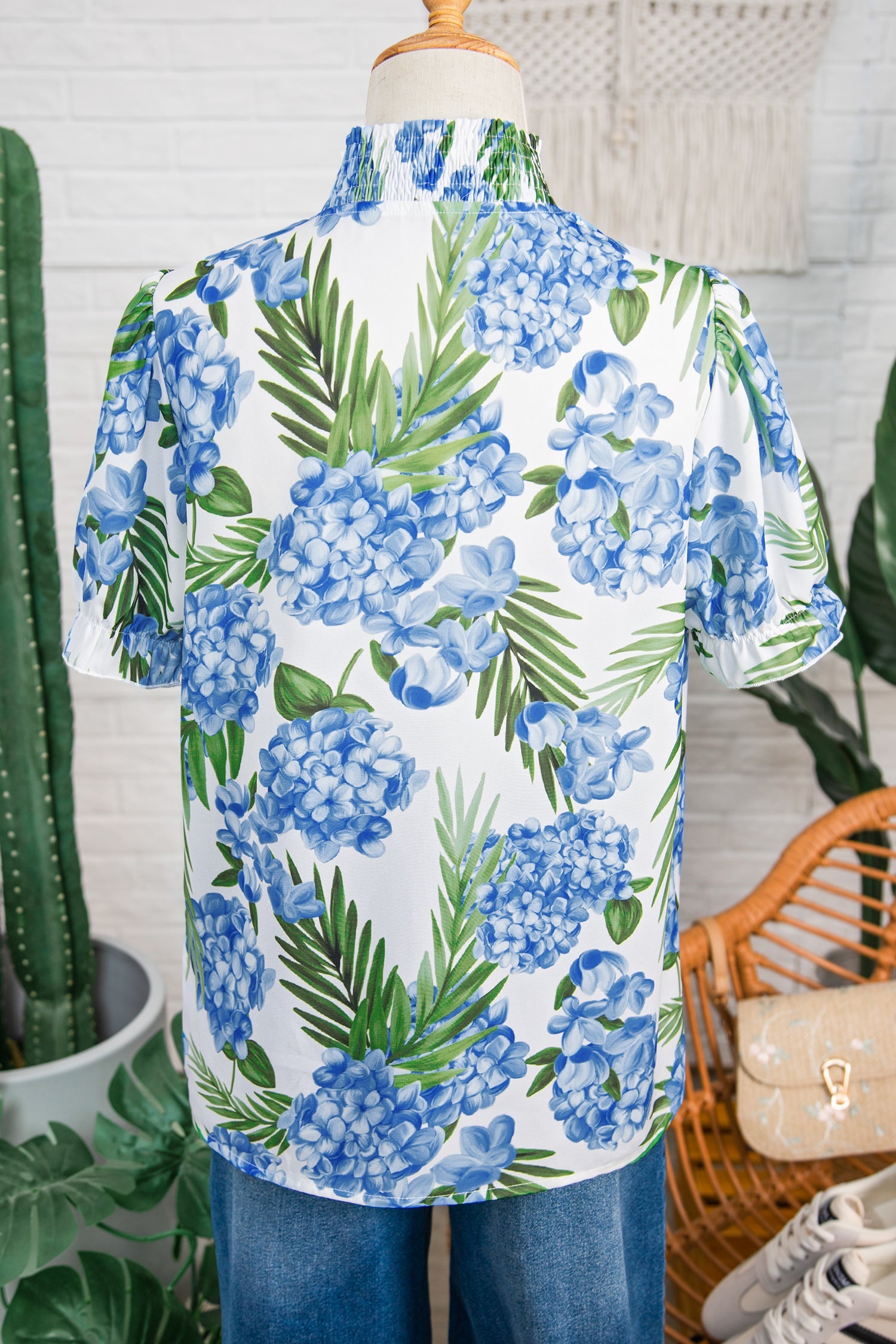 Sky Blue Palm Floral Print Striped Patchwork V Neck Short Sleeve Blouse