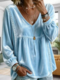 Full Size Velvet Lace Detail V-Neck Blouse Plus Size