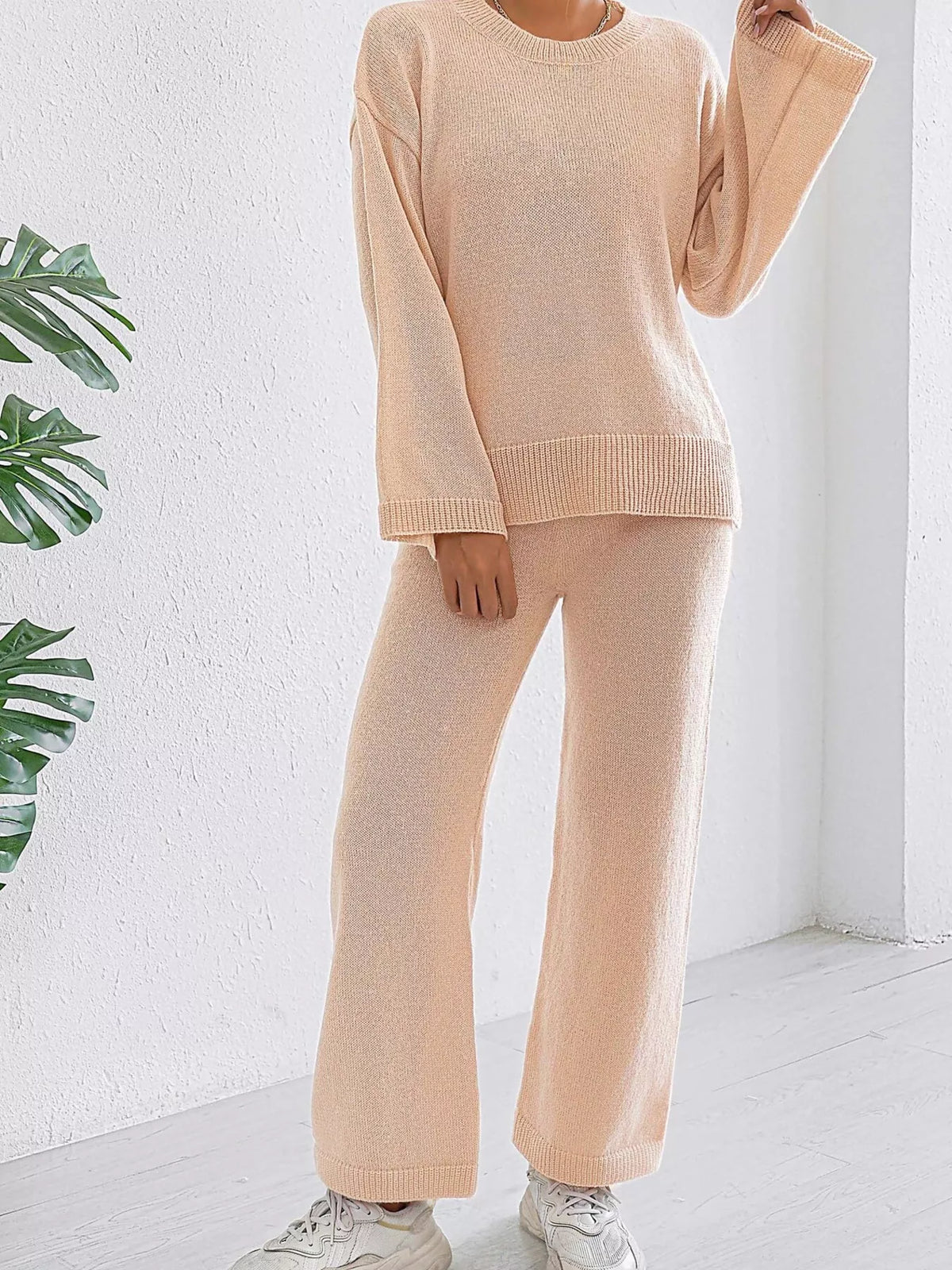 Dropped Shoulder Top and Pants Sweater Set